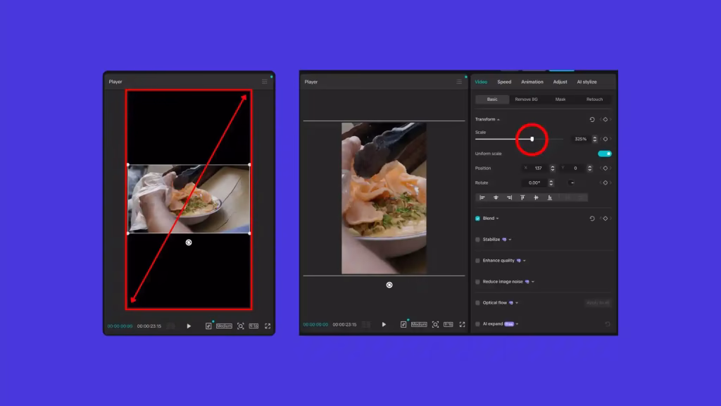 Atur skala footage, perbesar hingga memenuhi layar timeline
